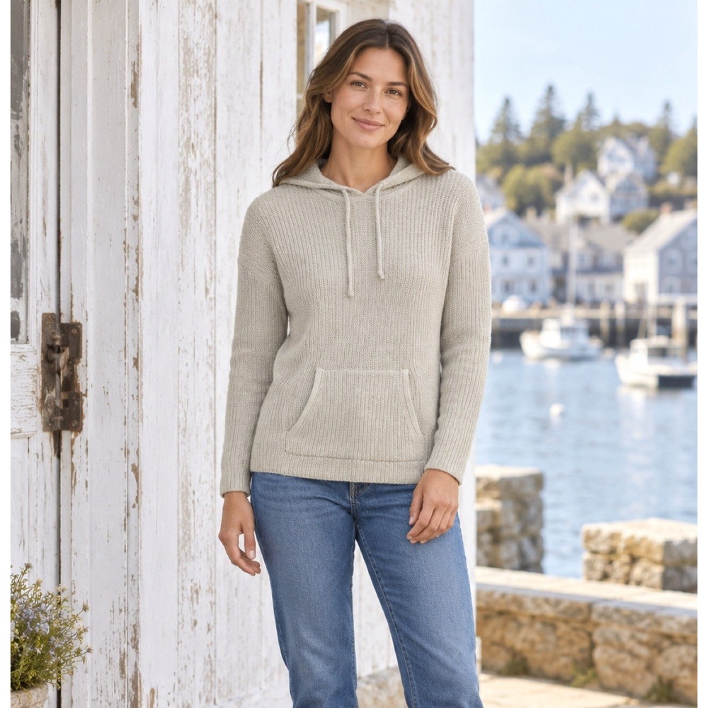 Coldwater Creek Womens Waffle Knit Sweater Hoodie M Fisherman Oatmeal Coastal
